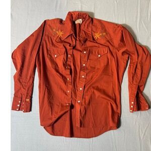 ELY PLAINS RIDER Western LS Button Up Shirt Orange Embroidered Men's Size 17 34